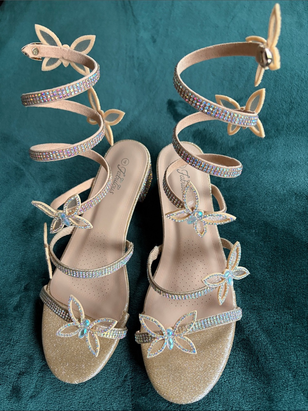 Girls Champagne Gold Glitter Butterfly Crystal Wrap Sandals